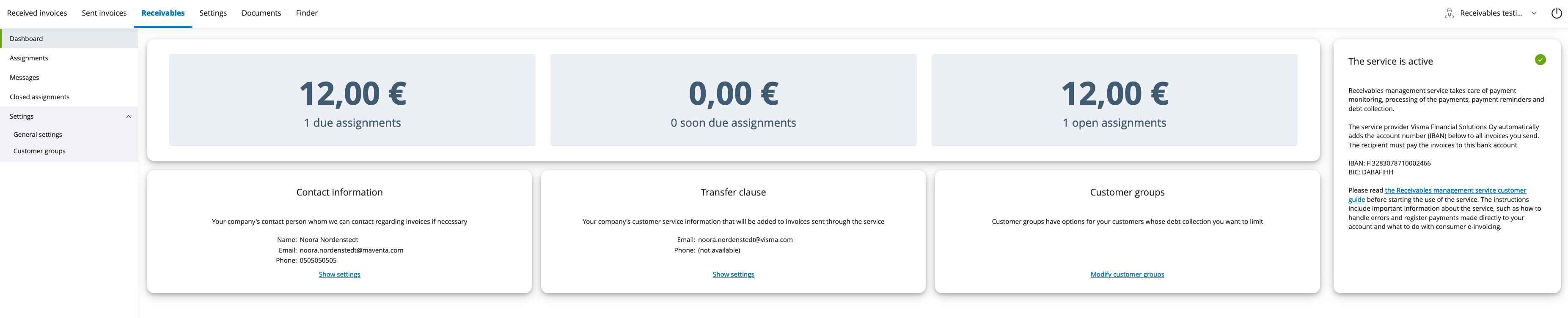 Receivables EUI view with the main menu