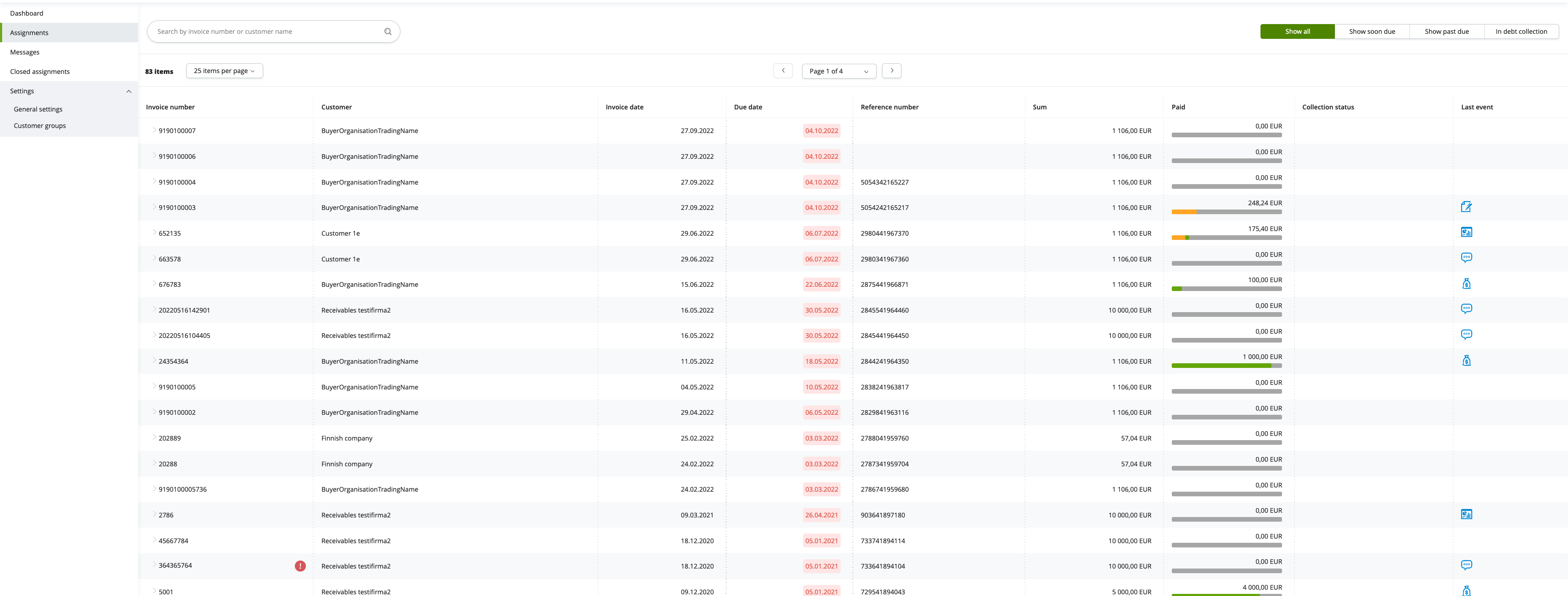 Receivables EUI view without the main menu